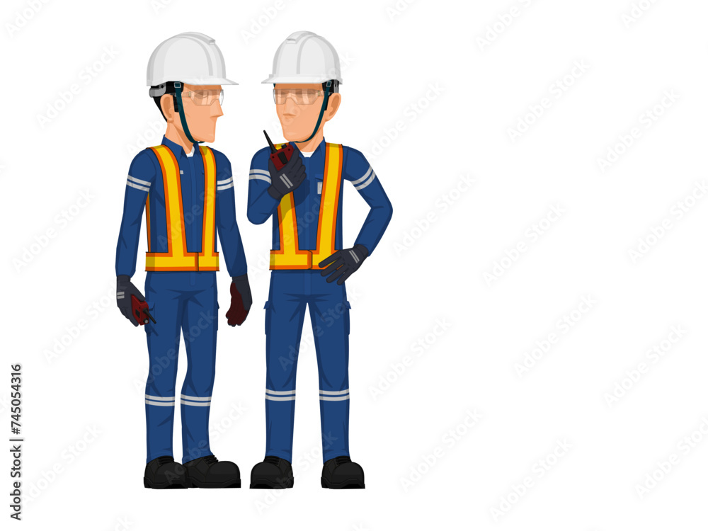 Two workers are discussing on white background