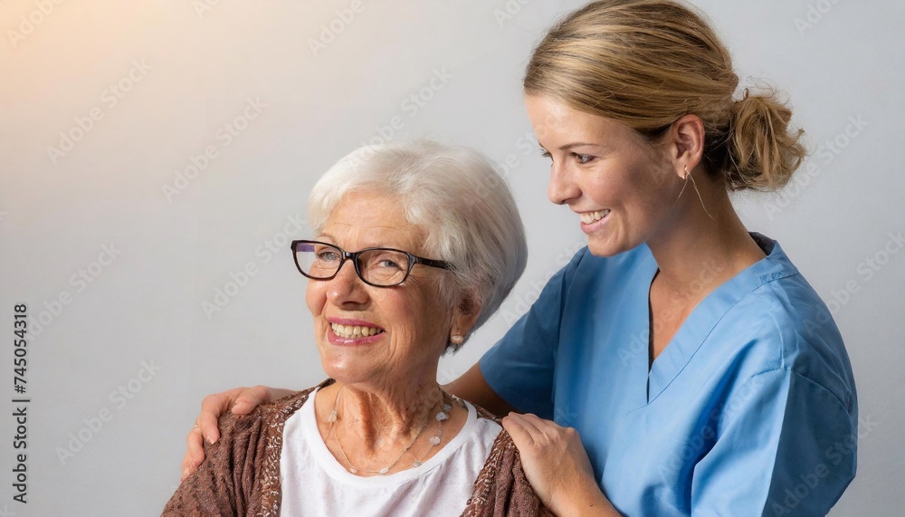 happy senior woman with nurse happy senior woman with nurse
