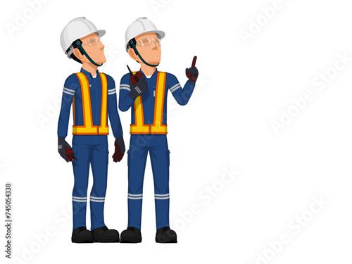 Two workers are considering something on the ceiling