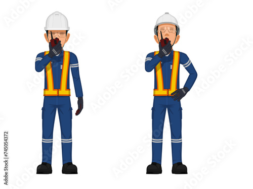 Set of workers are operating a walkie-talkie
