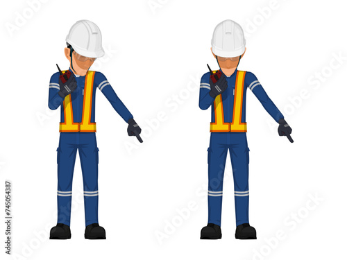 Set of worker are pointing to the floor
