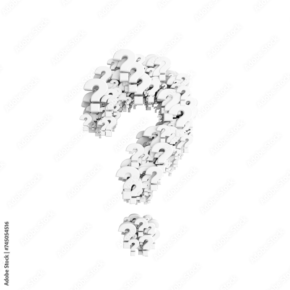 Floating question marks forming a larger question mark on white background. Conceptual design. 3D Rendering Floating question marks forming a larger question mark on white background. Conceptual design. 3D Rendering