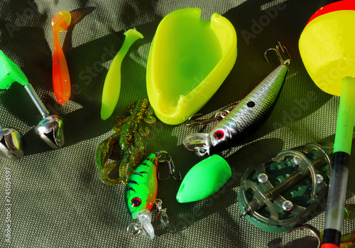 Canvas Print Fishing gear on a tarpaulin background.