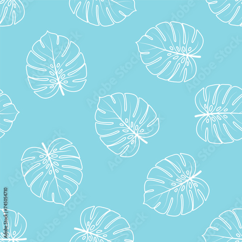 Blue seamless pattern with outline monstera leaves