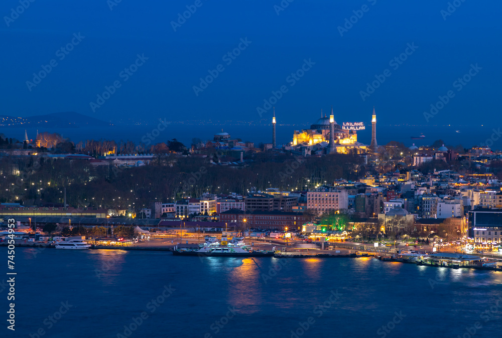 Hagia Sophia and Golden Horn Waterfront at Night