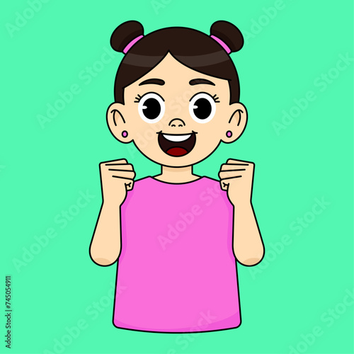 Happy girl celebrates victory, success, clenches fists