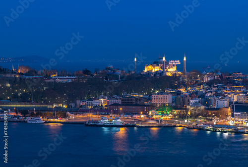 Hagia Sophia and Golden Horn Waterfront at Night