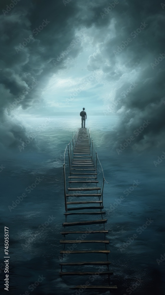 Man admiring moon from a staircase, under a cloudy sky with a depressed mood