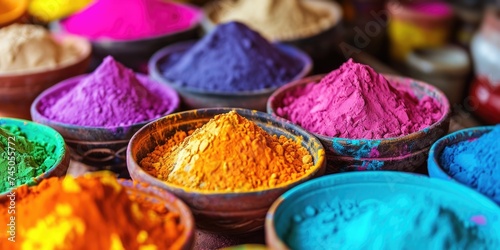 Holi vibrant powders in a bowls on counter. Bright hues of colorful powder. Indian Happy Holi festival of colors, background
