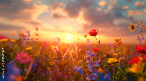 Landscape nature background of beautiful flower field on sunset. © graja