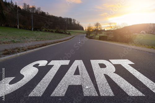 Concept of start straight and beginning for cooperation. Start text on the highway road concept for planning and challenge or career path, business strategy, opportunity and change. photo