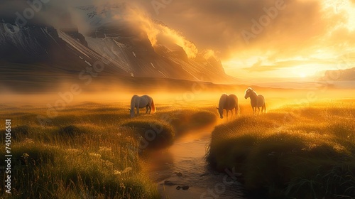 amazing Photography of iceland landscape,iceland ponies,sunrise,fog,soft light,vignette,ultrarealistic © paisorn