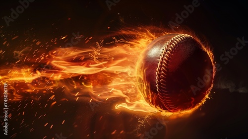Cricket ball on fire. Concept of a dynamic cricket ball engulfed in flames and sparks, isolated on a black background, symbolizing speed, power, and energy.