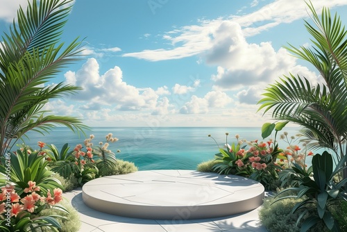 Summer background with podium platform. Concept of scene featuring a white circular podium surrounded by tropical plants and flowers