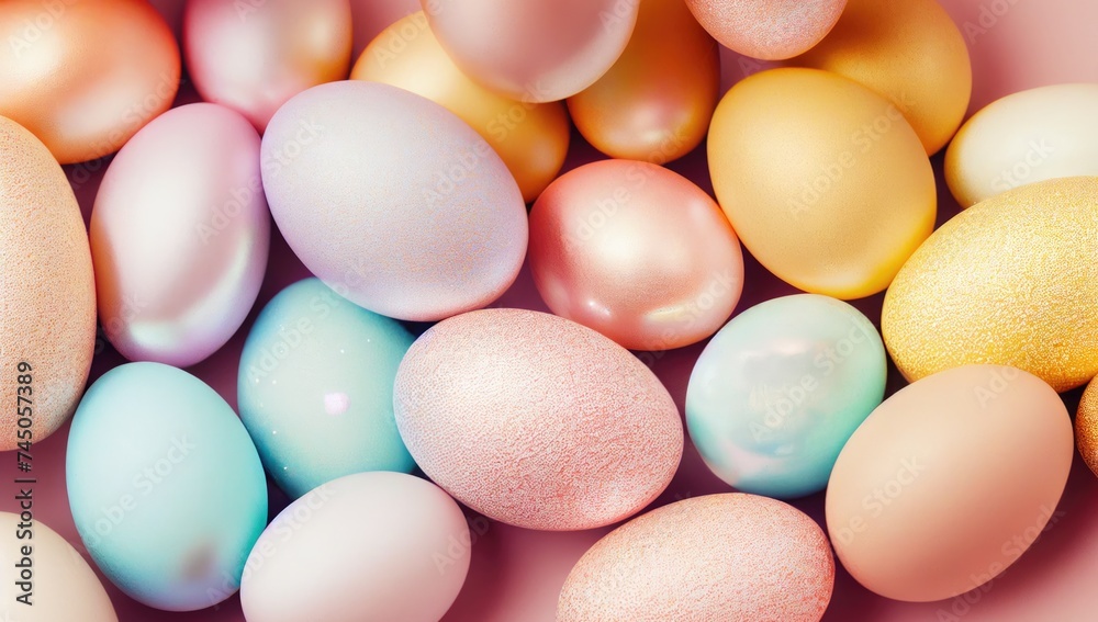 Easter eggs, pastel background. Aesthetic light pearl shimmered eggs in creamy peach and warm pale yellow, blue colors. Shining and pearlescent. Easter background, top view. Good for banner, card Easter eggs, pastel background. Aesthetic light pearl shimmered eggs in creamy peach and warm pale yellow, blue colors. Shining and pearlescent. Easter background, top view. Good for banner, card