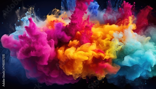 Splash of colors, background. Colorful powder smoke plumes in vibrant yellow, pink, and blue hues isolated on black. Abstract art concept for poster and creative design. Multicolored smoke.