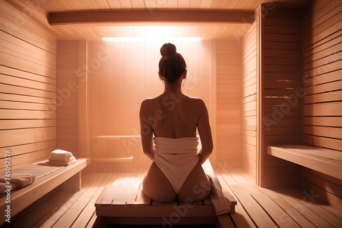 Silhouette of a woman wrapped in a towel in a sauna  spa