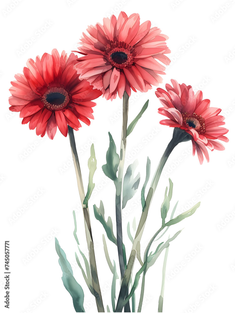Gerbera Daisies flower Minimal watercolor on white background Gerbera Daisies flower Minimal watercolor on white background