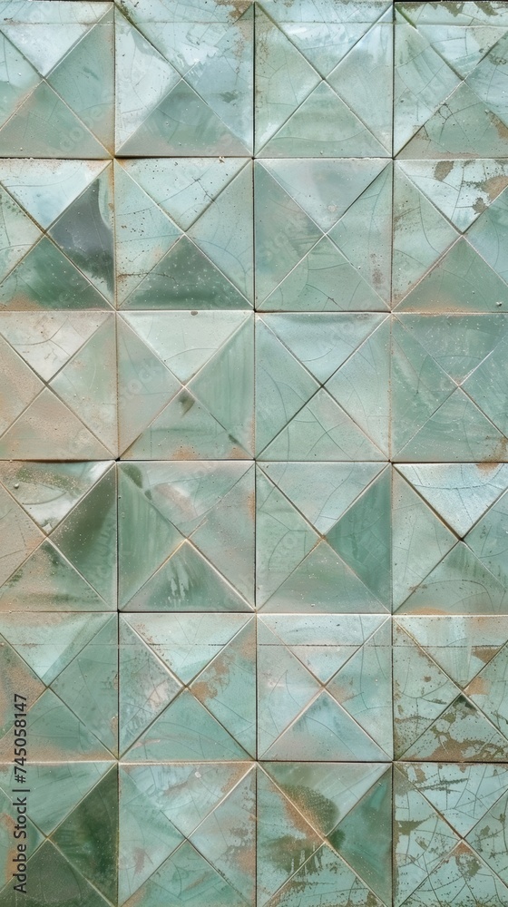 Obraz premium Capturing a serene atmosphere, this image features geometric tiles in soothing light green shades. The design promotes a sense of calm and relaxation with its harmonious pattern.