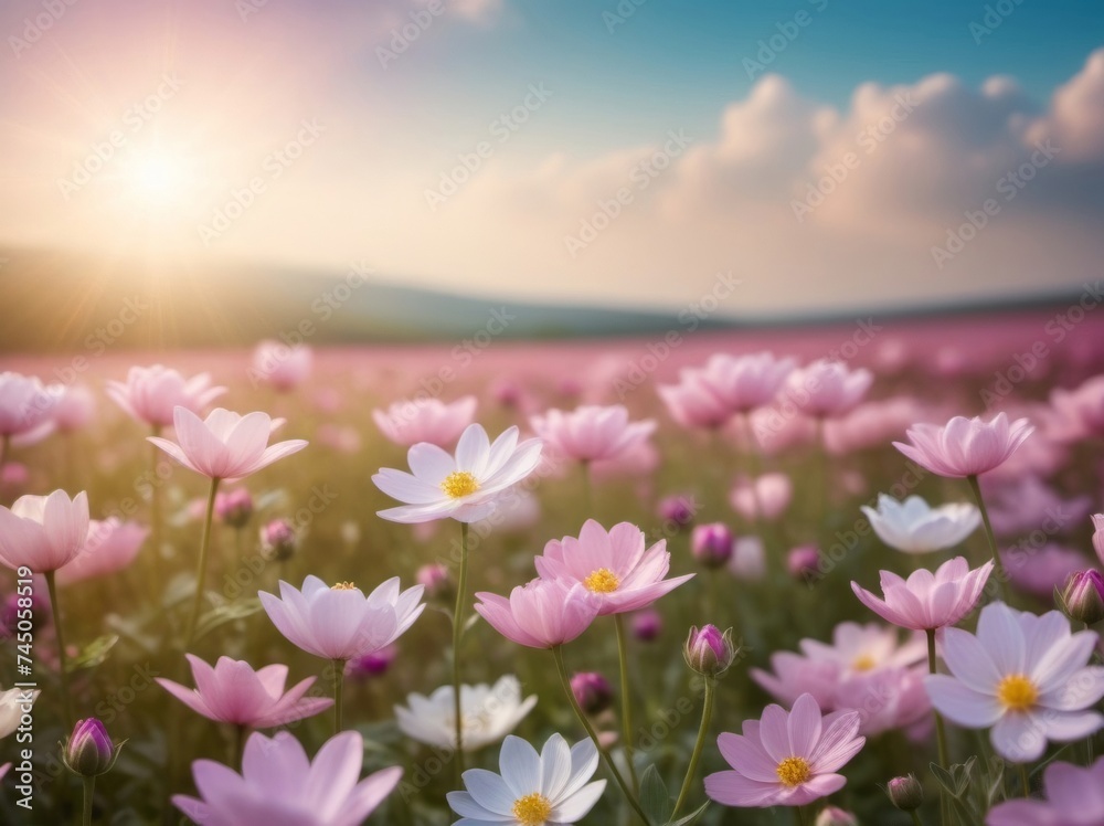 white and pink cosmos flower in the field at sunrise or sunset. Dreamy pastel meadow summer background.