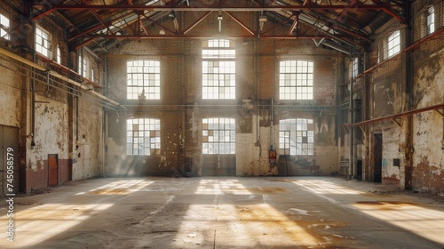 The serene beauty of decay: rays of sunlight illuminate the vast, empty space of an abandoned industrial warehouse.