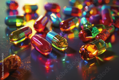 Nutritional Display: Assorted Color Capsules of Vitamins Presented on a Table, Inviting a Visual Exploration of Health