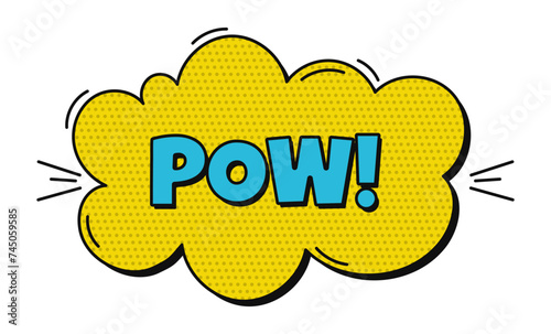 Comic speech bubble with text and halftone. Yellow dialog bubble with blue text. Comic speech bubble on transparent background