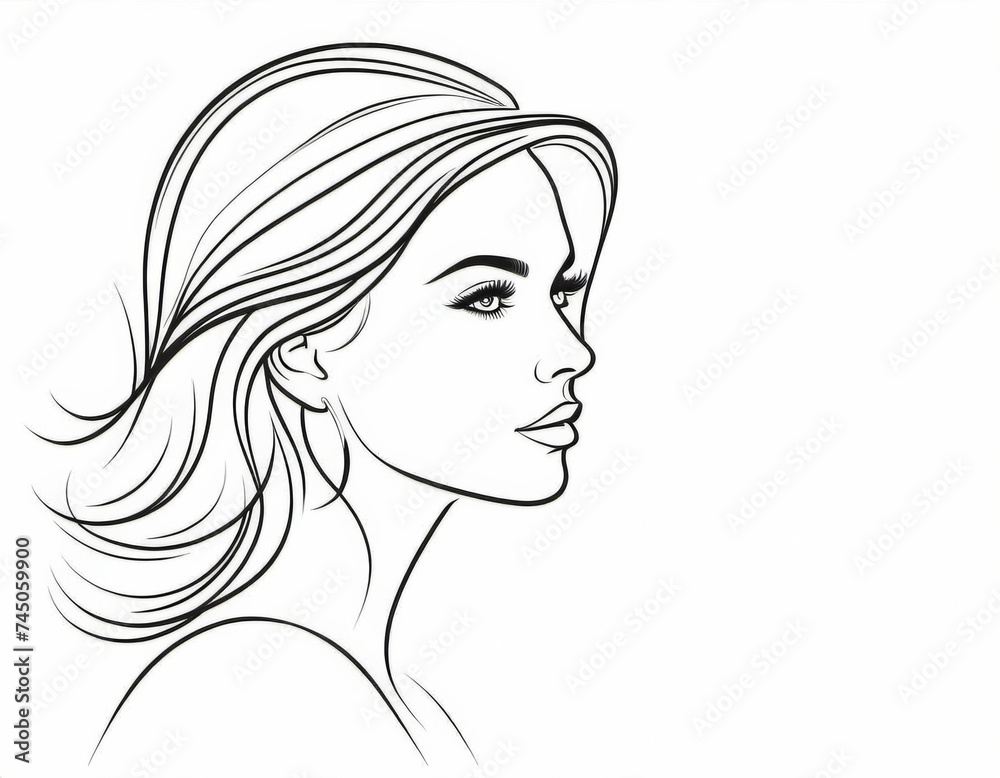 simplified female silhouette line art isolated on white background. Beauty or hair, eyelashes salon, t shirt or textile print.