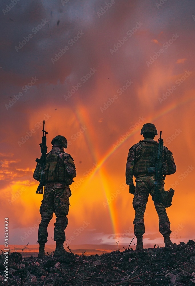Rainbow Warriors Two Soldiers Standing Tall in the Face of the Rainbow Generative AI