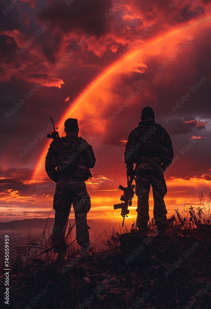 Sunset Soldiers Two Men Standing on a Hill with a Rainbow Sky in the Background Generative AI