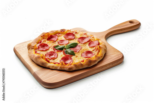 Pepperoni pizza on wooden board isolated on white background