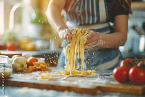Woman preparing homemade pasta at kitchen