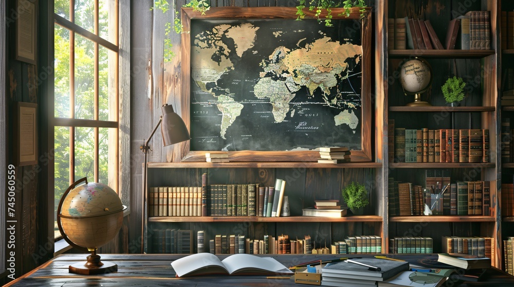 World Map on Chalkboard in a Library Setting Generative AI - obrazy, fototapety, plakaty 