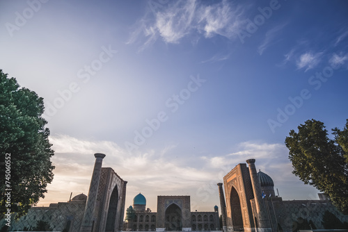 Registan Square, Ulugbek Madrasah, Sherdor Mosque Madrasah and Tillya-Kari Madrasah in the ancient city of Samarkand in Uzbekistan, oriental architecture photo