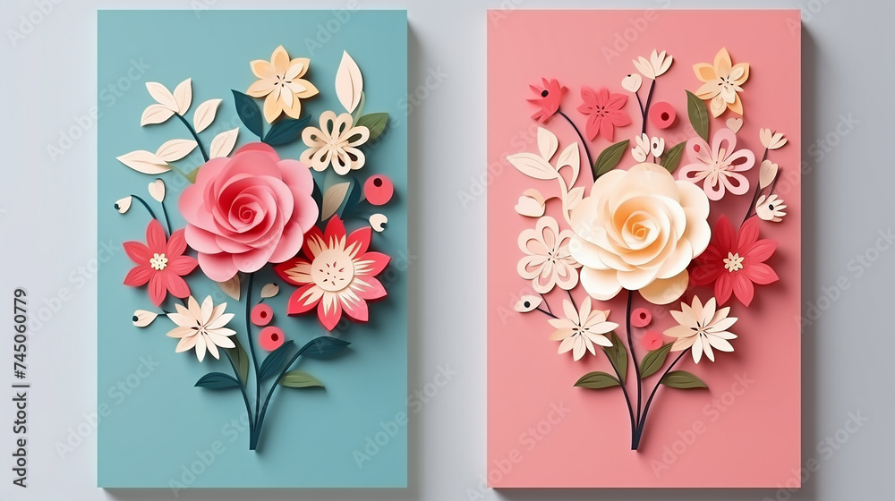 set of mother's day greeting cards with paper cut flowers
