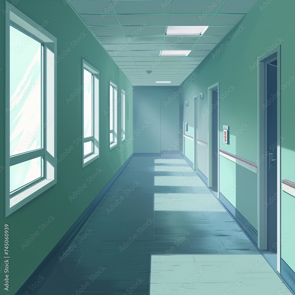 A Hospital Hallway with a Blue Tint Generative AI