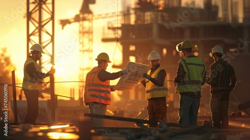 Sunset Safety Construction Workers Reviewing Plans Generative AI