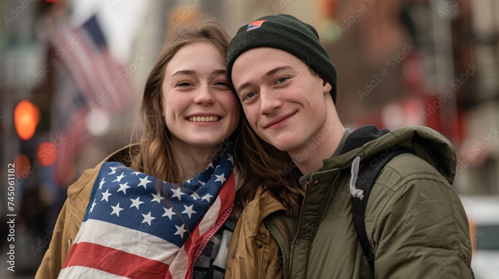 Smiling Teens Embrace Each Other in Front of a Flag on 4th of July Generative AI Smiling Teens Embrace Each Other in Front of a Flag on 4th of July Generative AI