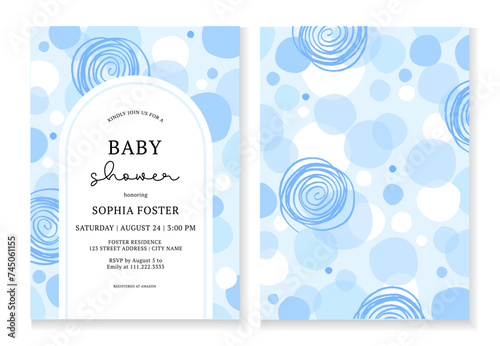 Baby Shower boy card design with abstract blue circles. It's a boy. Cute cards for baby shower, birthday, greetings, party invitation