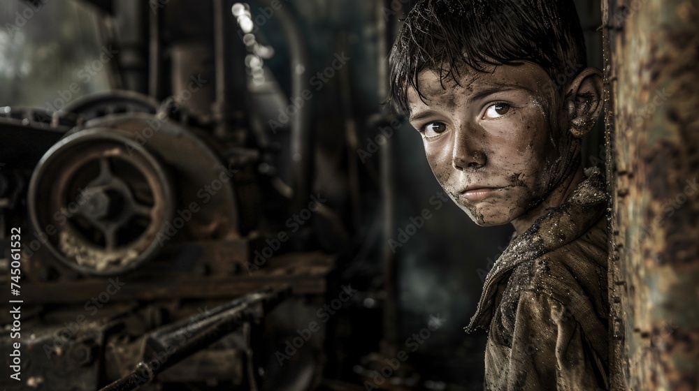 Dirt Boy - A young boy with a dirty face and hands, possibly from playing in the mud or working with machinery. Generative AI