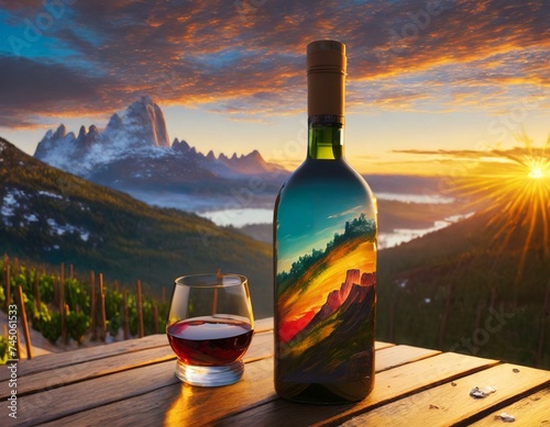 A bottle sitting on top of a wooden table next to a bottle with a painting on it and a bottl photo