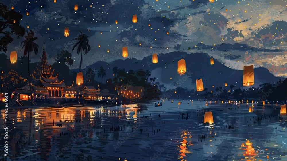 There are silhouettes of temples and traditional houses all around, and the sky is shimmering with stars