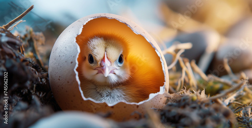 A little cute chick, newborn hatchling is peeking out from a broken chicken egg. © bagotaj