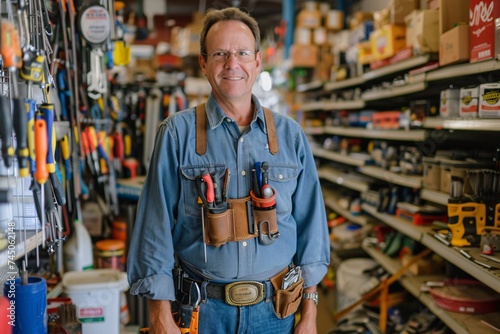 Hardworking Man - A man wearing a tool belt and glasses, surrounded by various tools and supplies, showcasing his dedication to his work. Generative AI