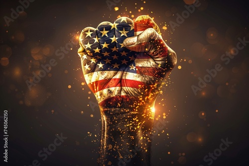 Fist Raised in Defiance A Patriotic Fusion of American Flag and Golden Flare Generative AI