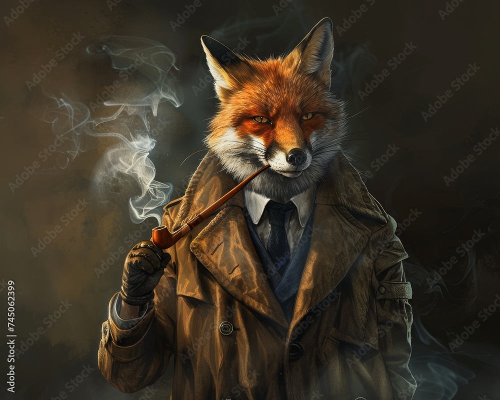 Fox in a Detective Outfit - A cunning fox wearing a detective's trench coat and holding a pipe, looking like a character from a mystery novel.  - obrazy, fototapety, plakaty 