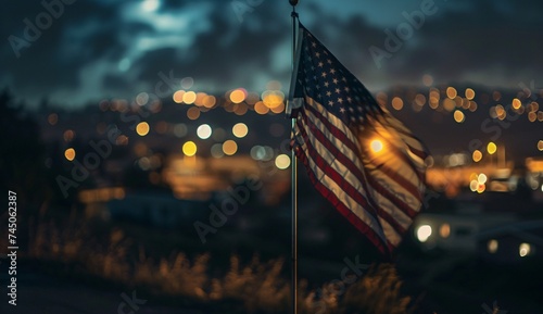 Glowing Skies and the American Flag A Nighttime Cityscape Generative AI