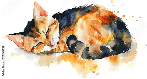 Watercolor Painting of an Orange and Black Striped Cat Sleeping photo