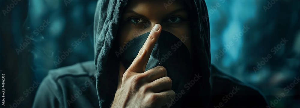 An anonymous cybercriminal, online thief, hacker, attacker or anarchist with face and head covered gestures, threatens with a raised index finger. - obrazy, fototapety, plakaty 