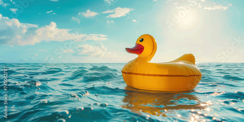 Vacation travel holiday experience with kid child concept. Inflatabe yellow rubber duck toy floating In sea ocean water with sunset sunrise on background. Empty space place for text, copy paste photo